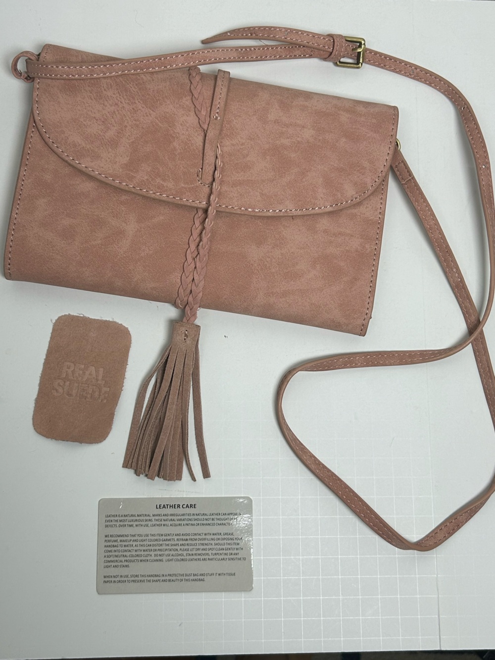Anthropologie  Envelope Suede Crossbody Boho Tassel Bag Pink